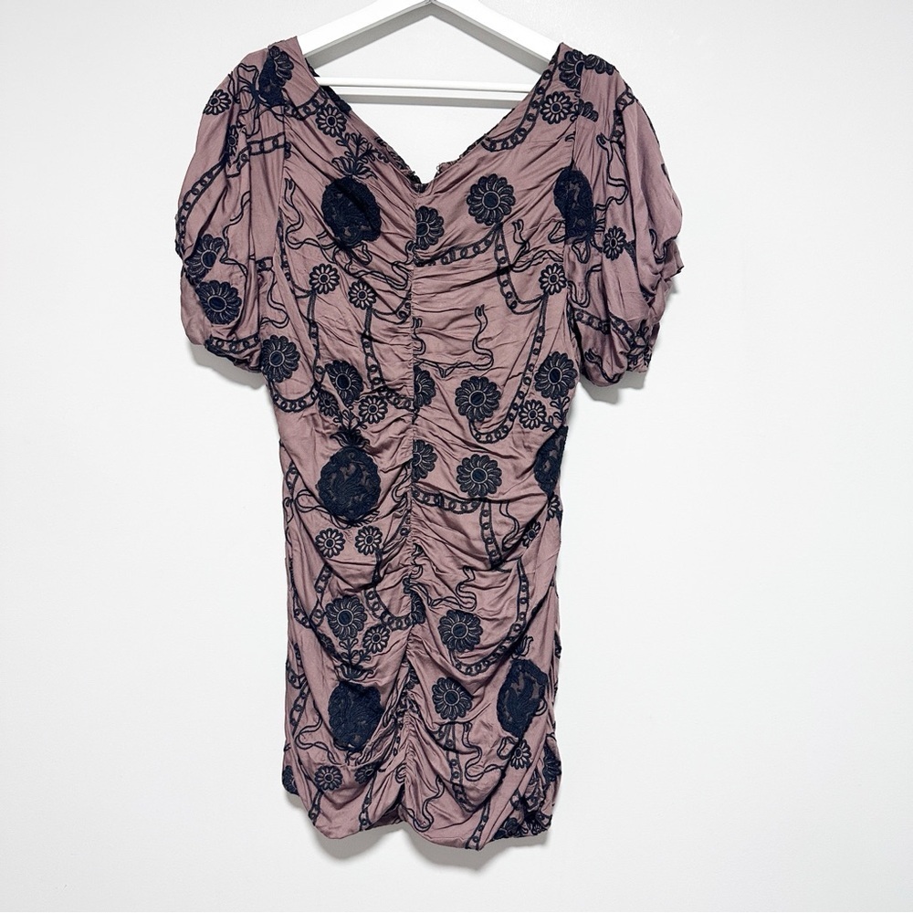 NWT Free People Ruched Women's Mini Dress with Floral Embroidery size L - Picture 4 of 13